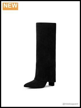 Faux Suede Knee High Fold Over Boots Pointed Toe Chunky Heel Tall Boots